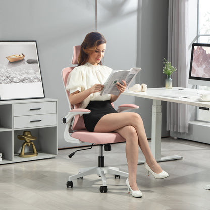 Ergonomic Office Chair with Lumbar Support, Flip-up Armrests, Adjustable Headrest, Reclining Swivel Desk Chair with High Backrest, Height Adjustable in Mesh, Pink
