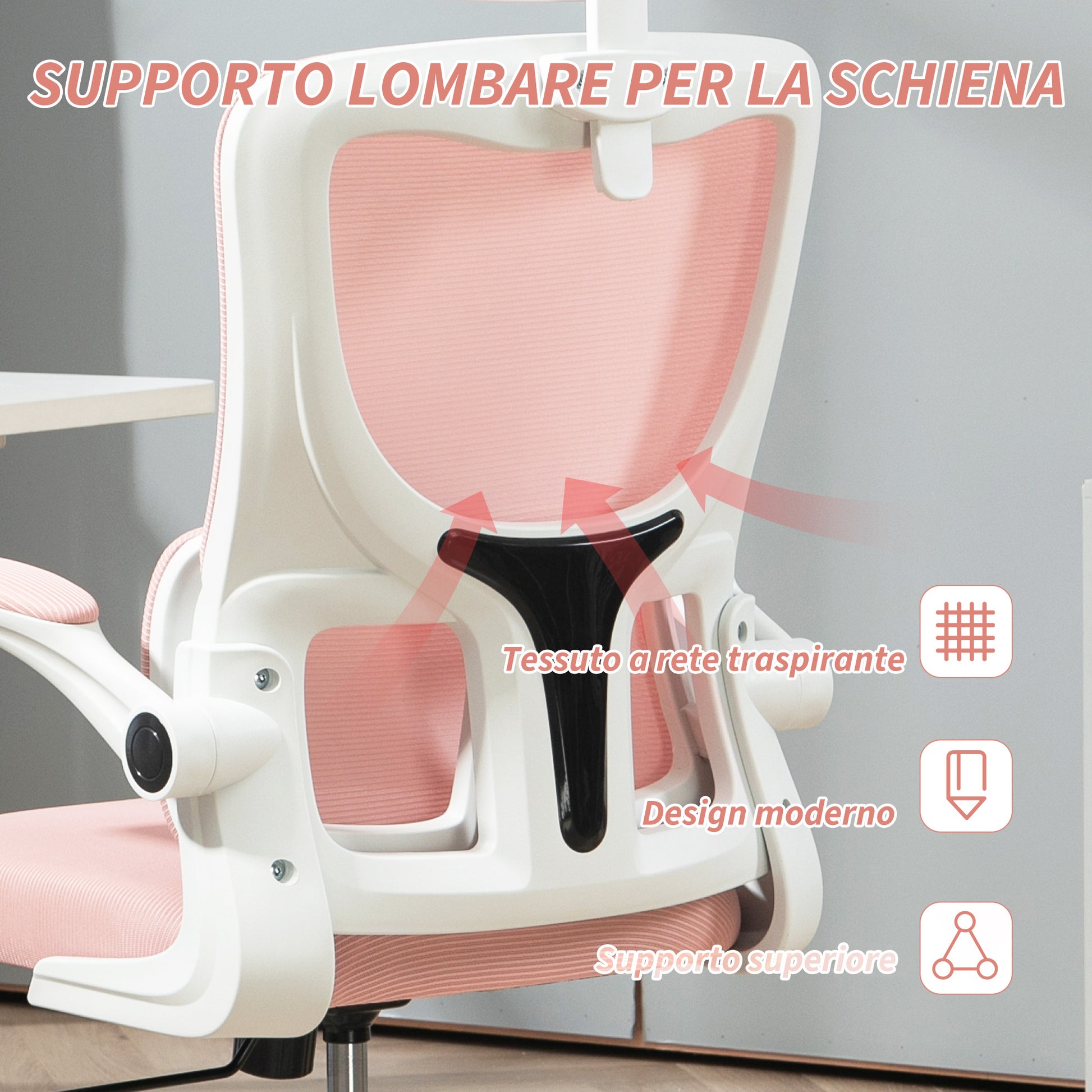 Ergonomic Office Chair with Lumbar Support, Flip-up Armrests, Adjustable Headrest, Reclining Swivel Desk Chair with High Backrest, Height Adjustable in Mesh, Pink
