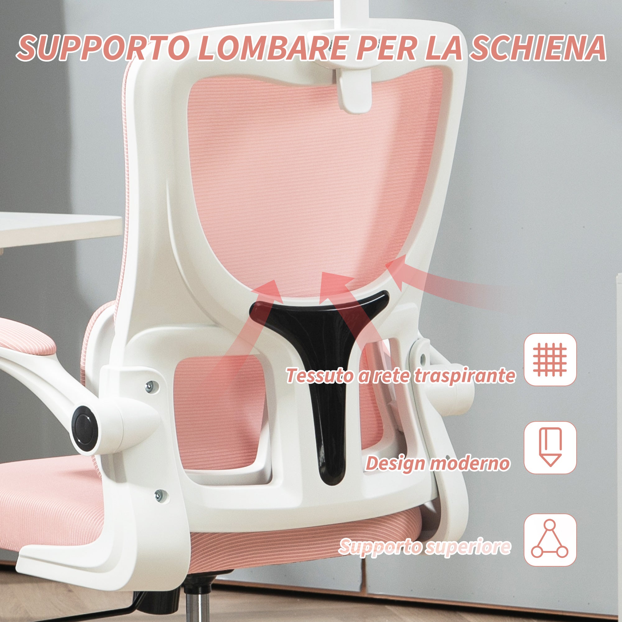 Ergonomic Office Chair with Lumbar Support, Flip-up Armrests, Adjustable Headrest, Reclining Swivel Desk Chair with High Backrest, Height Adjustable in Mesh, Pink