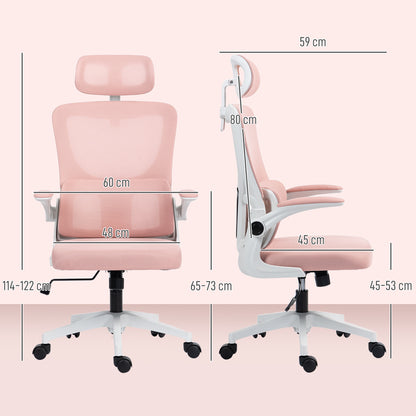 Ergonomic Office Chair with Lumbar Support, Flip-up Armrests, Adjustable Headrest, Reclining Swivel Desk Chair with High Backrest, Height Adjustable in Mesh, Pink
