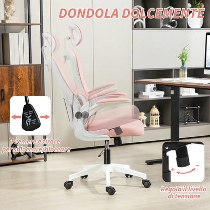 Ergonomic Office Chair with Lumbar Support, Flip-up Armrests, Adjustable Headrest, Reclining Swivel Desk Chair with High Backrest, Height Adjustable in Mesh, Pink
