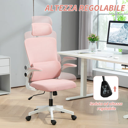 Ergonomic Office Chair with Lumbar Support, Flip-up Armrests, Adjustable Headrest, Reclining Swivel Desk Chair with High Backrest, Height Adjustable in Mesh, Pink