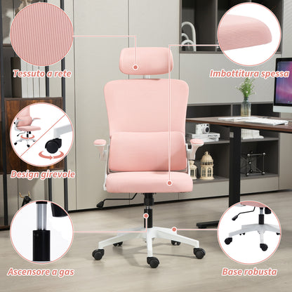 Ergonomic Office Chair with Lumbar Support, Flip-up Armrests, Adjustable Headrest, Reclining Swivel Desk Chair with High Backrest, Height Adjustable in Mesh, Pink