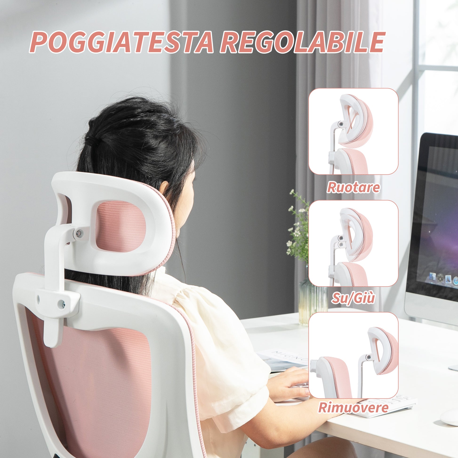 Ergonomic Office Chair with Lumbar Support, Flip-up Armrests, Adjustable Headrest, Reclining Swivel Desk Chair with High Backrest, Height Adjustable in Mesh, Pink
