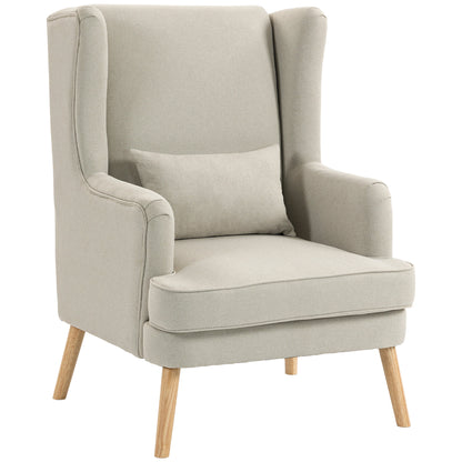 Wing Armchair with Lumbar Pillow — High-Back, Wide Seat, Linen-Look Scandinavian Lounge Chair for Living Room & Bedroom, Beige