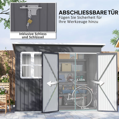 Metal Tool Shed 4.13 m² 260 x 177 x 190 cm Storage Shed with Window Pent Roof Lockable Door Weatherproof Garden House Outdoor Garden Shed Cabinet for Backyard Exterior Dark Gray