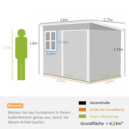 Metal Tool Shed 4.13 m² 260 x 177 x 190 cm Storage Shed with Window Pent Roof Lockable Door Weatherproof Garden House Outdoor Garden Shed Cabinet for Backyard Exterior Dark Gray