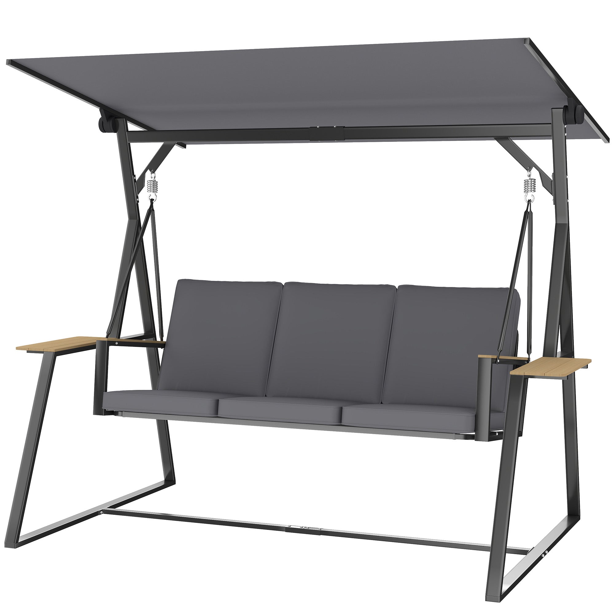 3-Seat Garden Swing with Adjustable UPF50+ Canopy, 2 Side Trays, Cushions & Metal Frame — For Balcony, Patio, Terrace — Holds 360 kg (794 lb), 222 x 131 x 175 cm, Charcoal