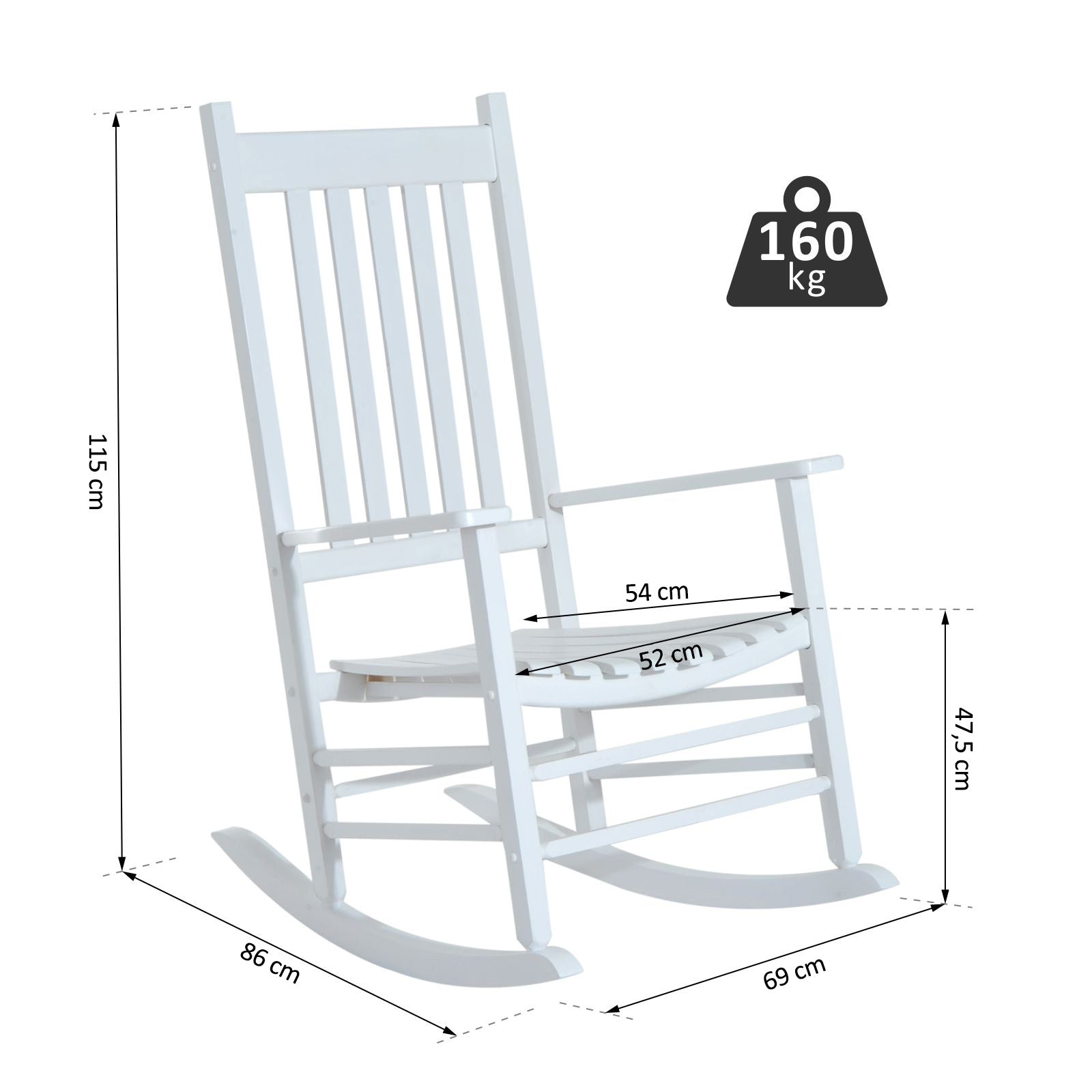 Wooden Rocking Chair with Armrest Swing Chair Relax Chair Garden Chair White 69 x 86 x 115 cm