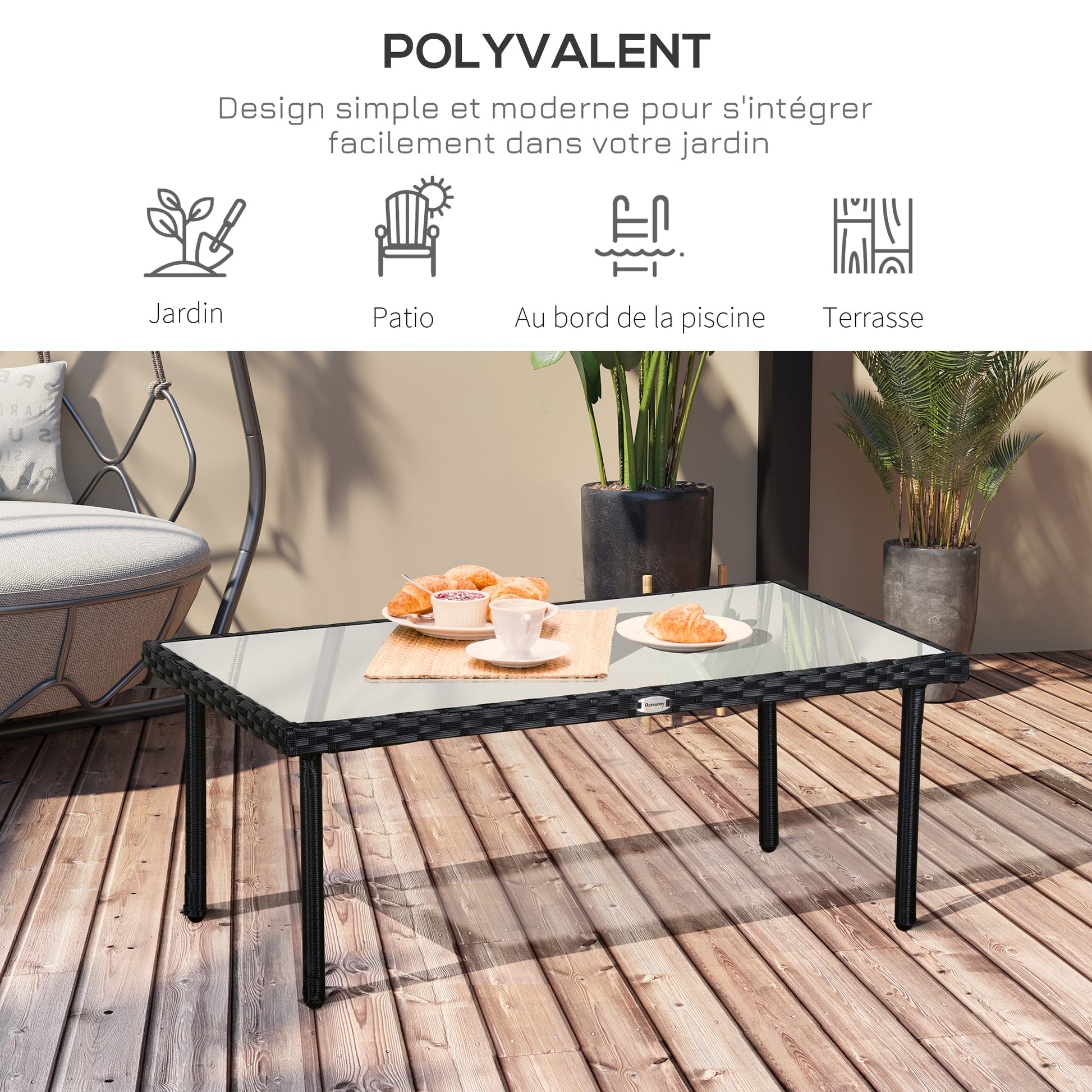 Garden Coffee Table 5mm Tempered Glass Top Synthetic Resin Wicker Imitation Rattan Black