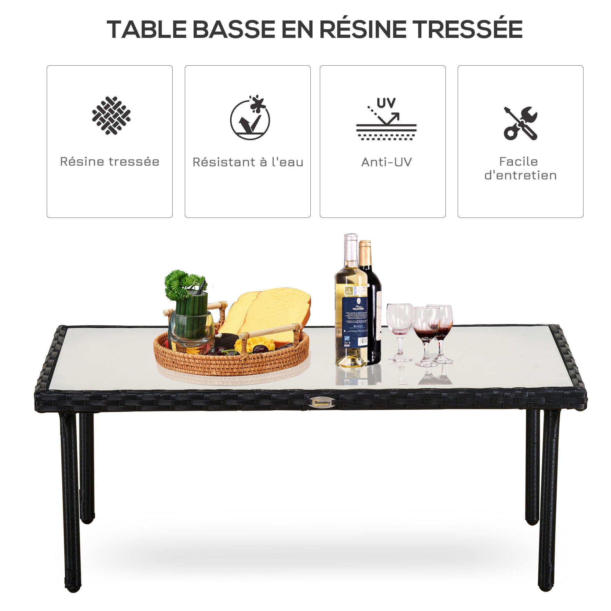 Garden Coffee Table 5mm Tempered Glass Top Synthetic Resin Wicker Imitation Rattan Black