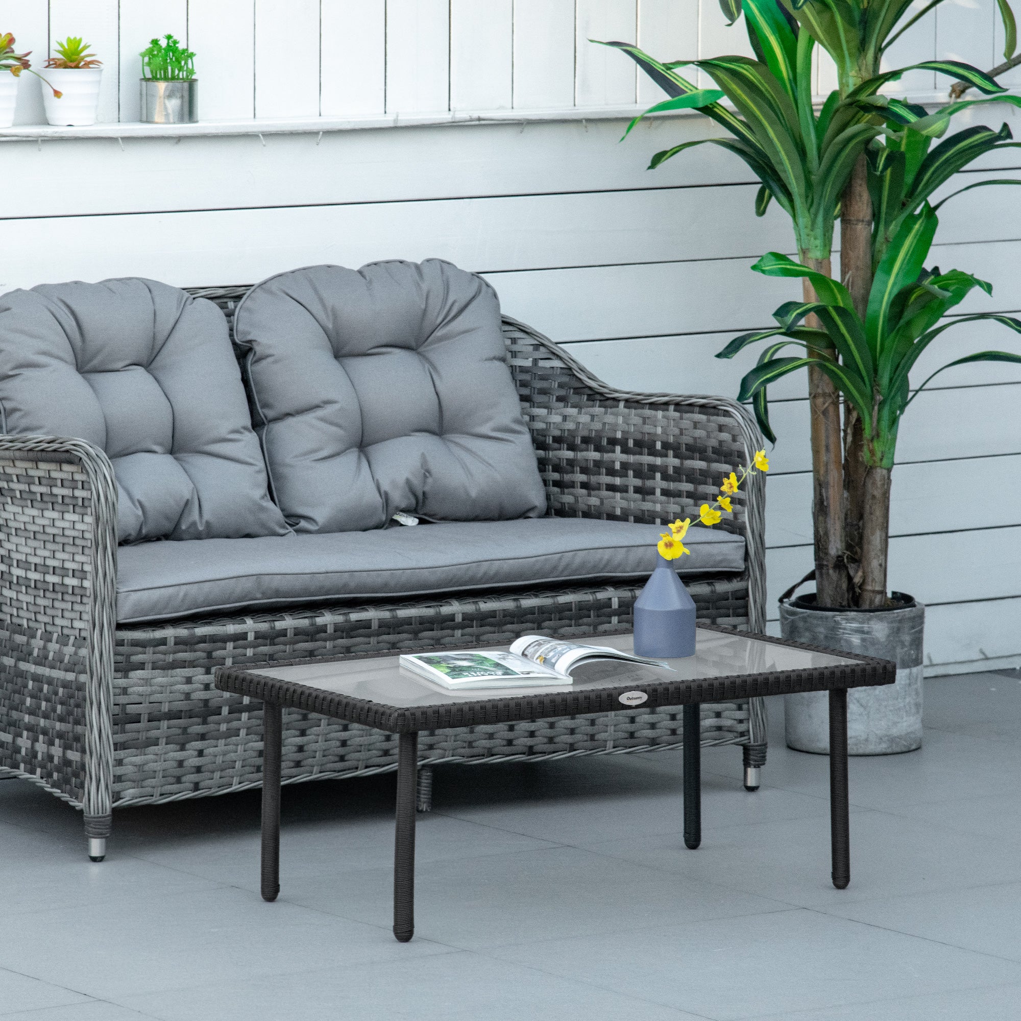 Garden Coffee Table 5mm Tempered Glass Top Synthetic Resin Wicker Imitation Rattan Black