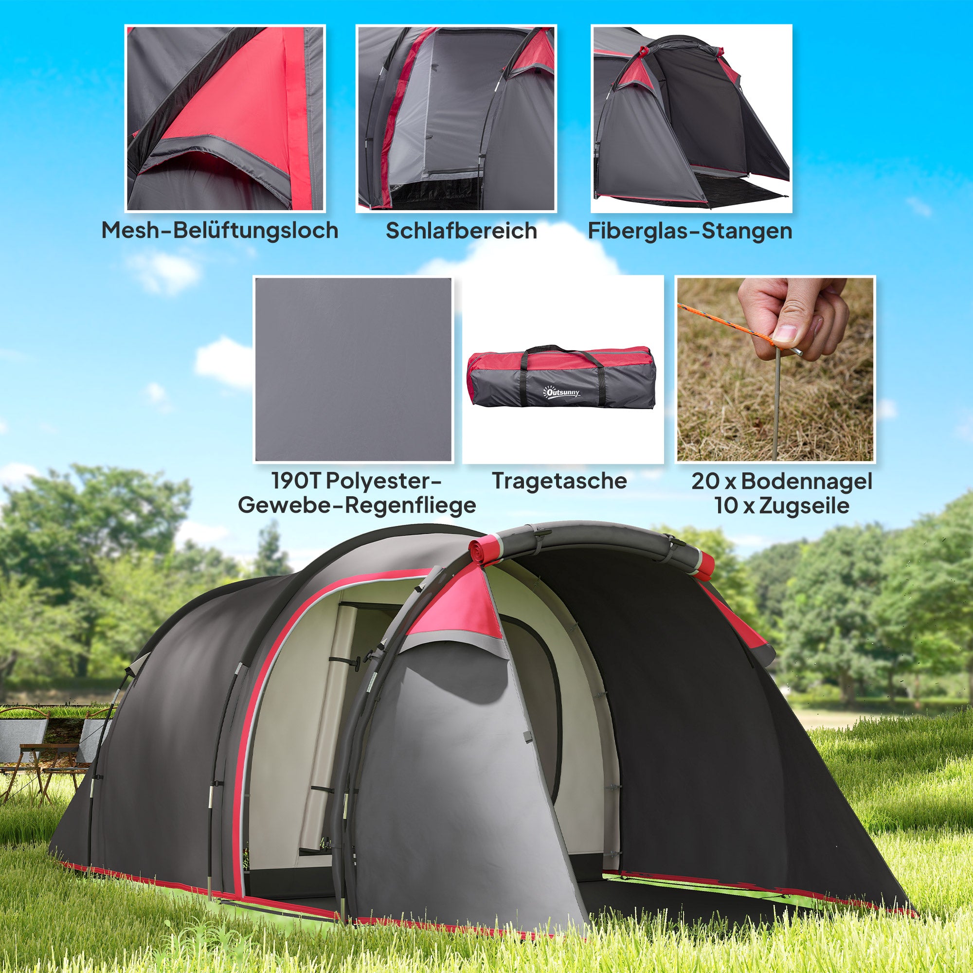 Camping Tent for 2-3 People Sturdy Waterproof Family Tent with Two Sleeping Cabins Vestibule with Standing Height, Dome Tent with 2000mm Water Column Tunnel Tent for Camping Travel, Dark Gray