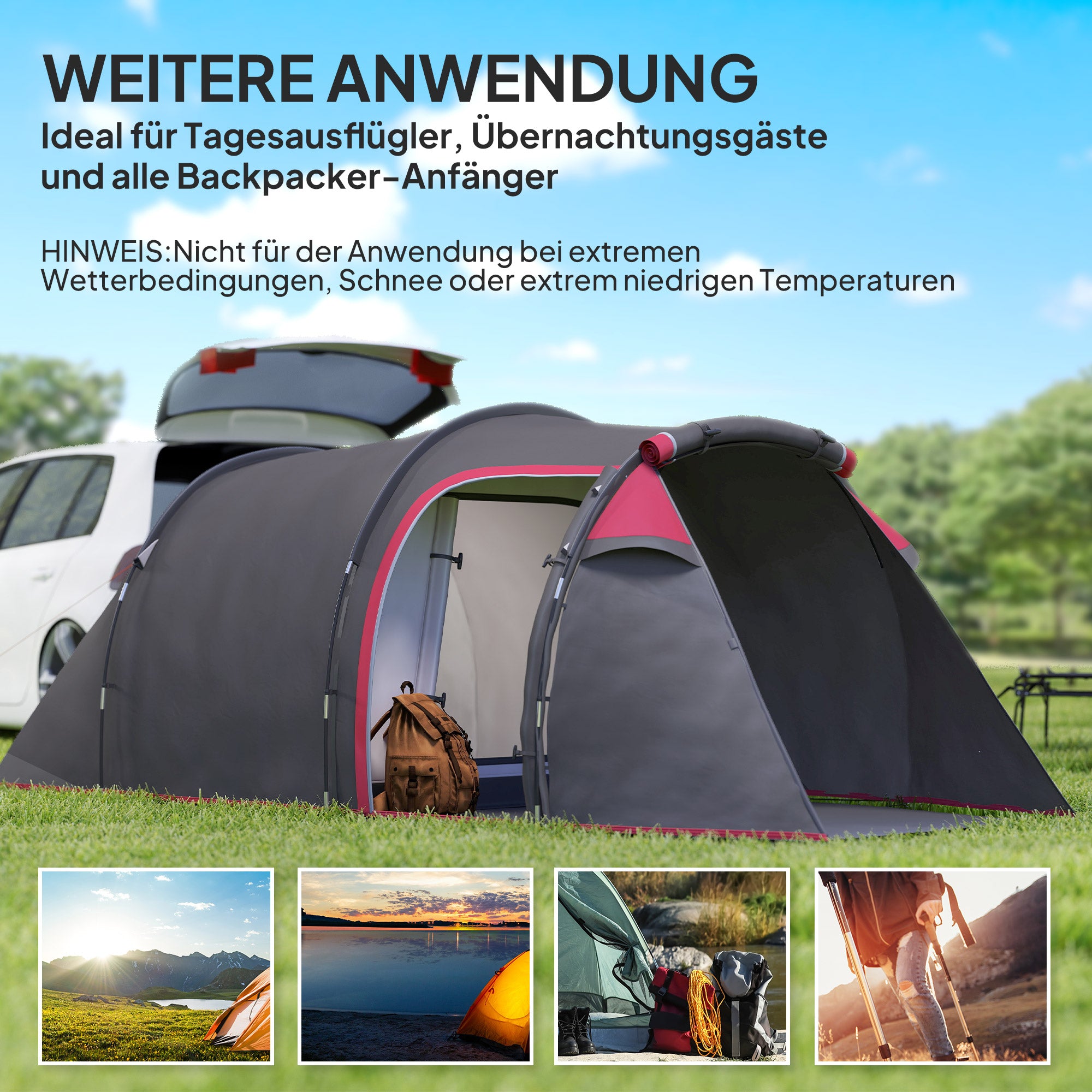 Camping Tent for 2-3 People Sturdy Waterproof Family Tent with Two Sleeping Cabins Vestibule with Standing Height, Dome Tent with 2000mm Water Column Tunnel Tent for Camping Travel, Dark Gray