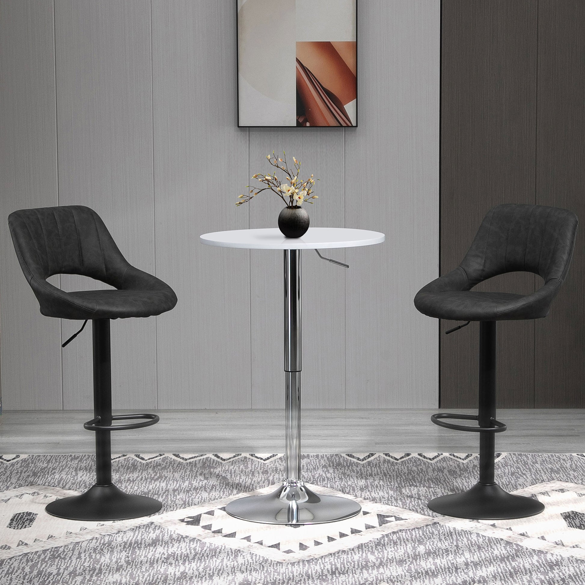 Bar Stool Set of 2, Upholstered Bar Chair with Metal Frame, Backrest, Adjustable Height Kitchen Chairs with Footrest, 360° Swivel, Counter Height Stools for Kitchen, Living Room, Dining Room, Faux Leather, Gray
