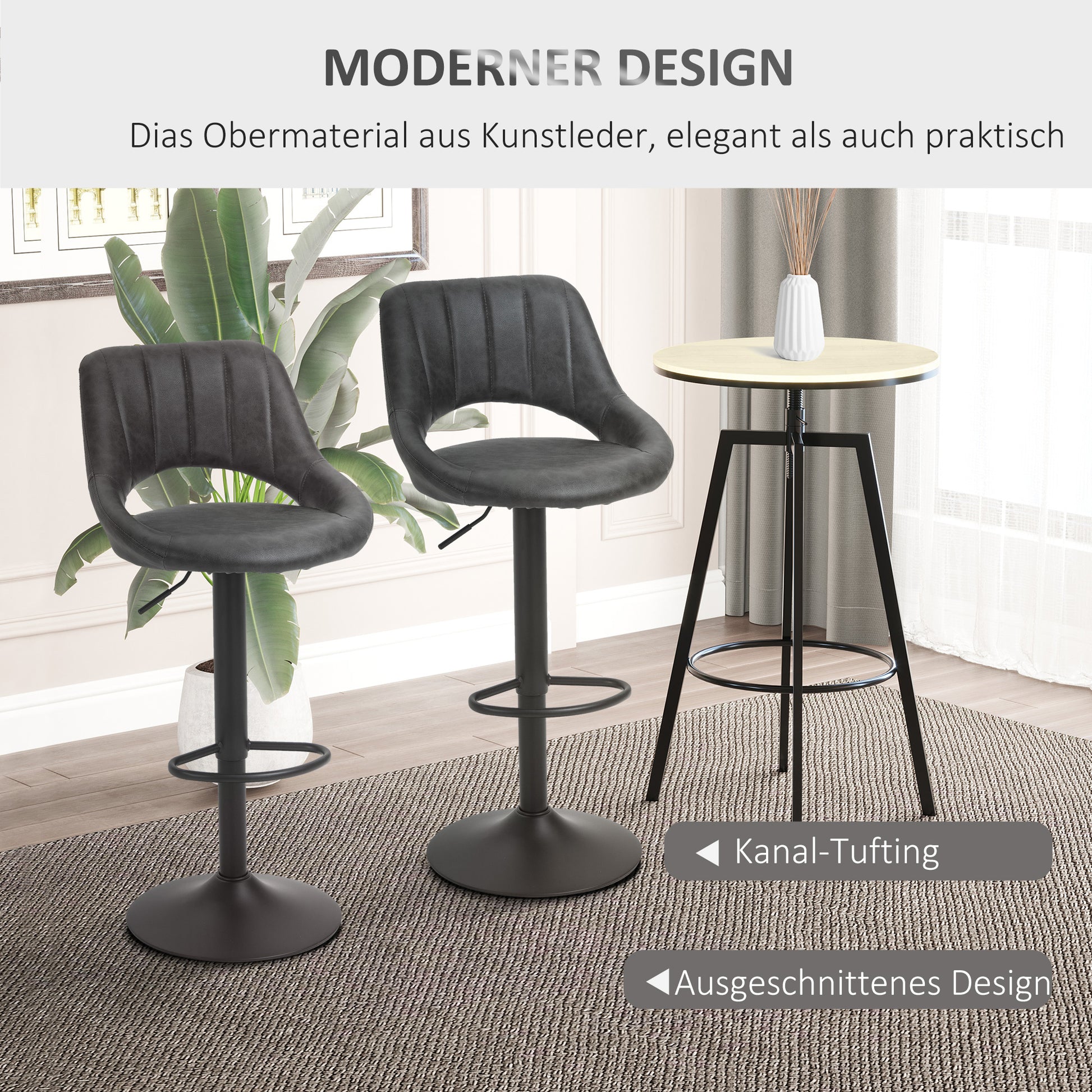 Bar Stool Set of 2, Upholstered Bar Chair with Metal Frame, Backrest, Adjustable Height Kitchen Chairs with Footrest, 360° Swivel, Counter Height Stools for Kitchen, Living Room, Dining Room, Faux Leather, Gray