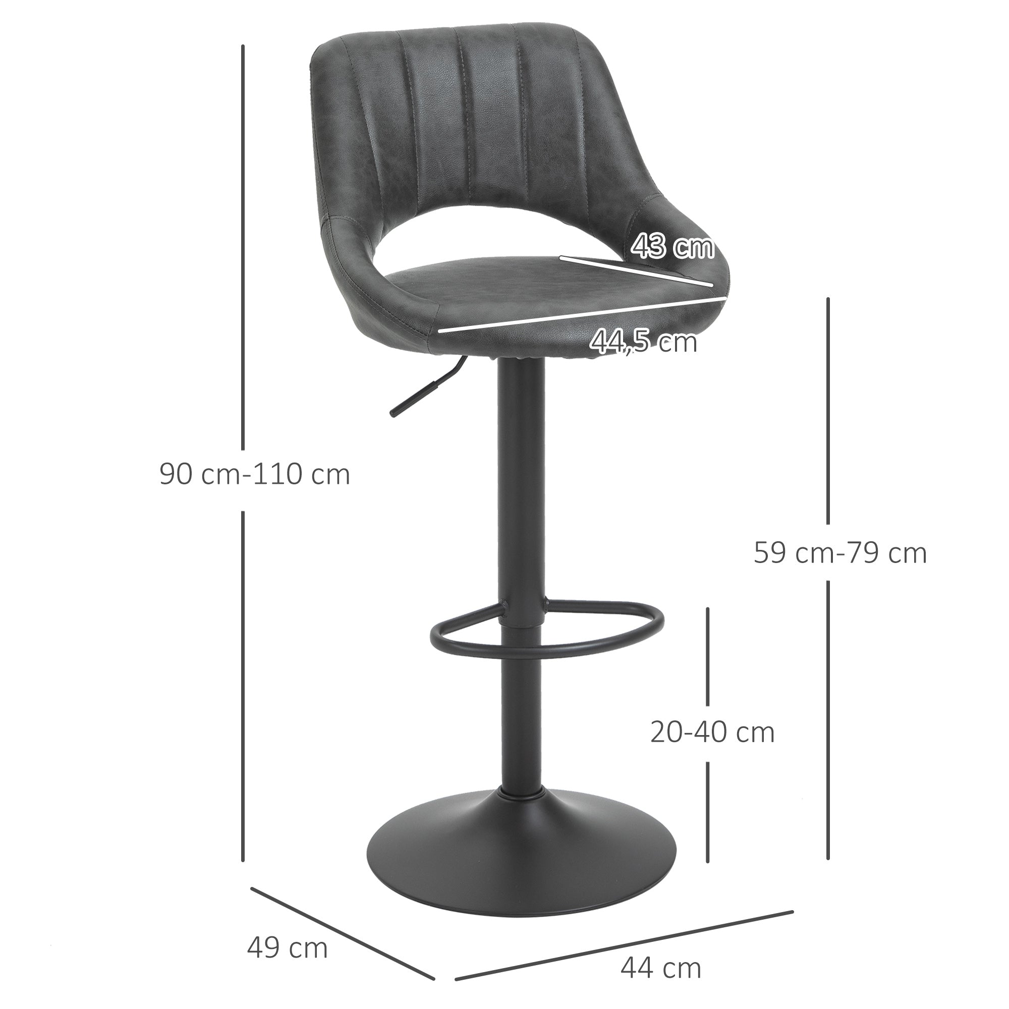 Bar Stool Set of 2, Upholstered Bar Chair with Metal Frame, Backrest, Adjustable Height Kitchen Chairs with Footrest, 360° Swivel, Counter Height Stools for Kitchen, Living Room, Dining Room, Faux Leather, Gray
