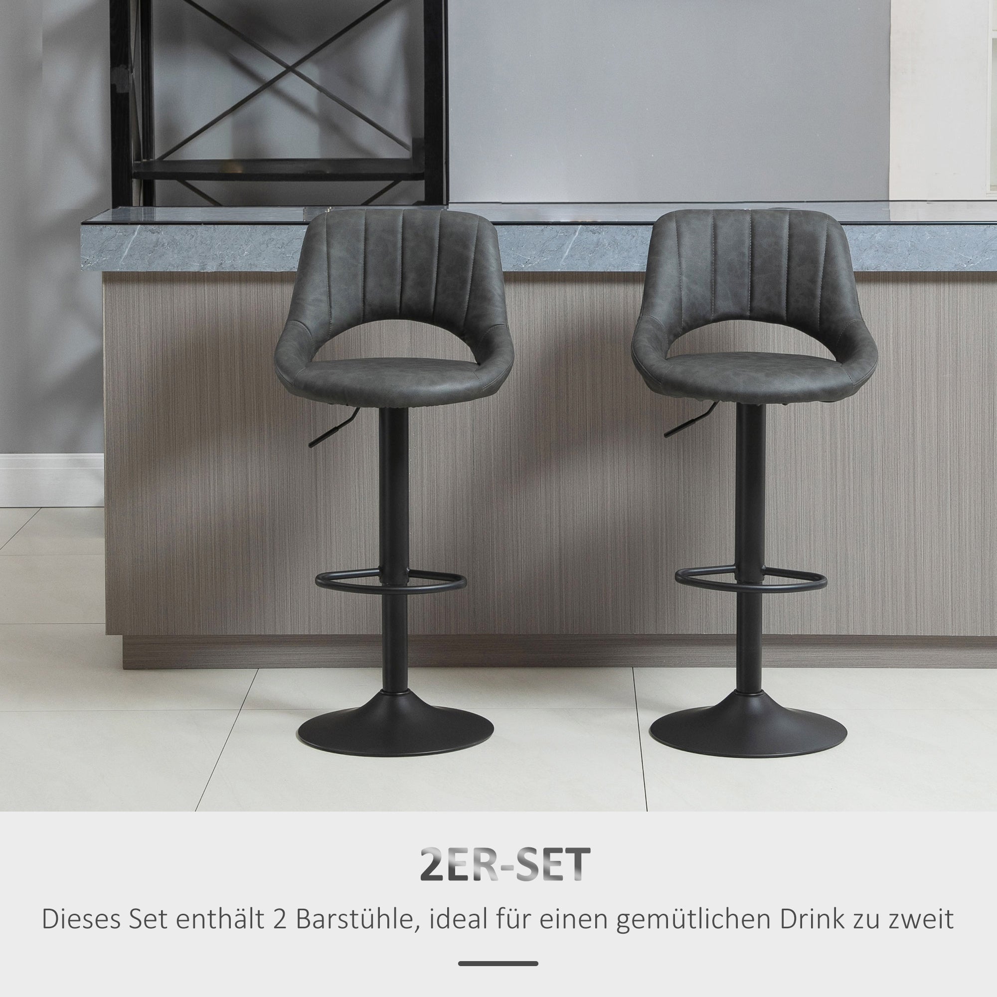 Bar Stool Set of 2, Upholstered Bar Chair with Metal Frame, Backrest, Adjustable Height Kitchen Chairs with Footrest, 360° Swivel, Counter Height Stools for Kitchen, Living Room, Dining Room, Faux Leather, Gray