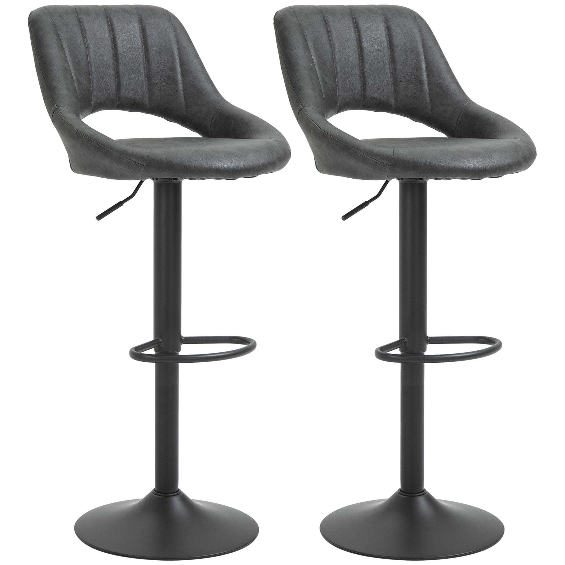 Bar Stool Set of 2, Upholstered Bar Chair with Metal Frame, Backrest, Adjustable Height Kitchen Chairs with Footrest, 360° Swivel, Counter Height Stools for Kitchen, Living Room, Dining Room, Faux Leather, Gray