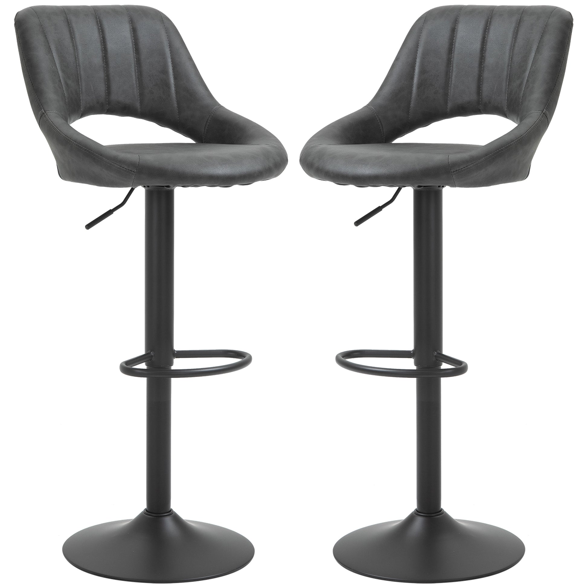 Bar Stool Set of 2, Upholstered Bar Chair with Metal Frame, Backrest, Adjustable Height Kitchen Chairs with Footrest, 360° Swivel, Counter Height Stools for Kitchen, Living Room, Dining Room, Faux Leather, Gray