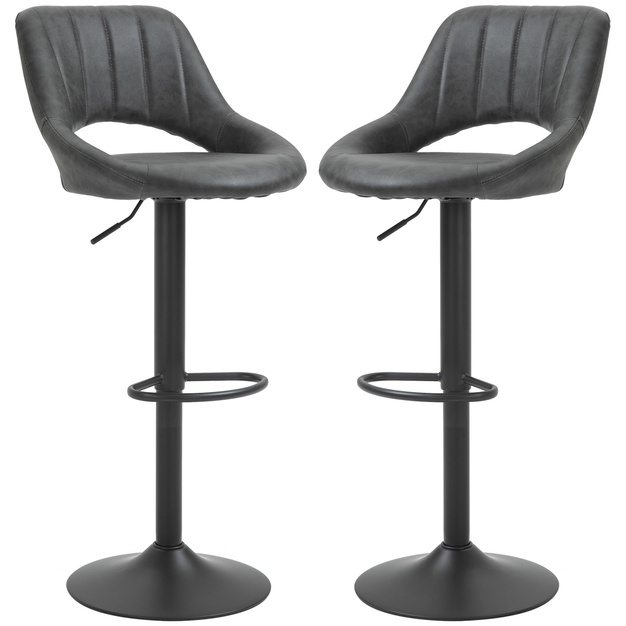 Bar Stool Set of 2, Upholstered Bar Chair with Metal Frame, Backrest, Adjustable Height Kitchen Chairs with Footrest, 360° Swivel, Counter Height Stools for Kitchen, Living Room, Dining Room, Faux Leather, Gray