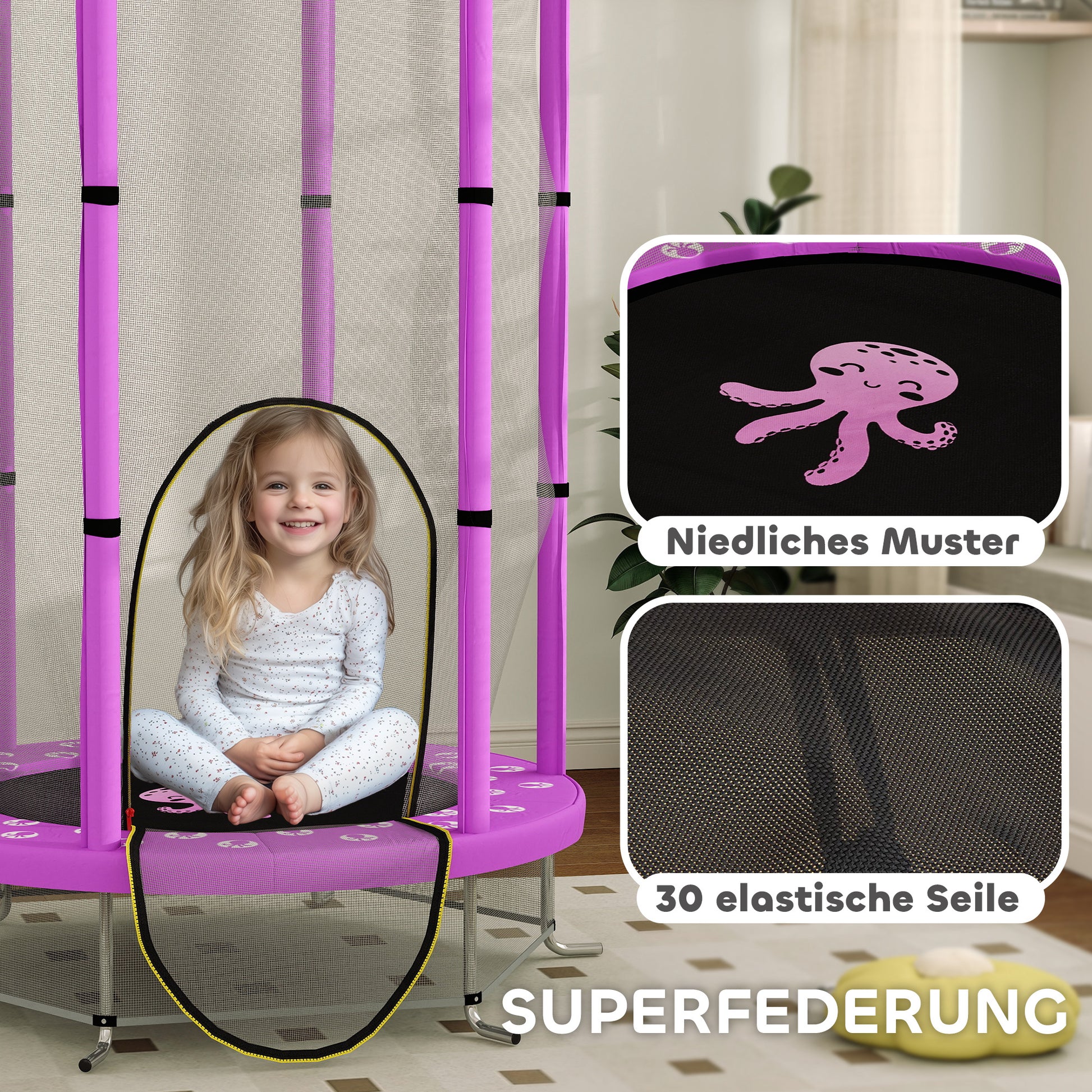 Kids Trampoline Ø140cm Outdoor Trampoline for Kids with Safety Net Zipper Bungee Edge Cover, Garden Trampoline with Cloud Pattern, for Indoor and Outdoor