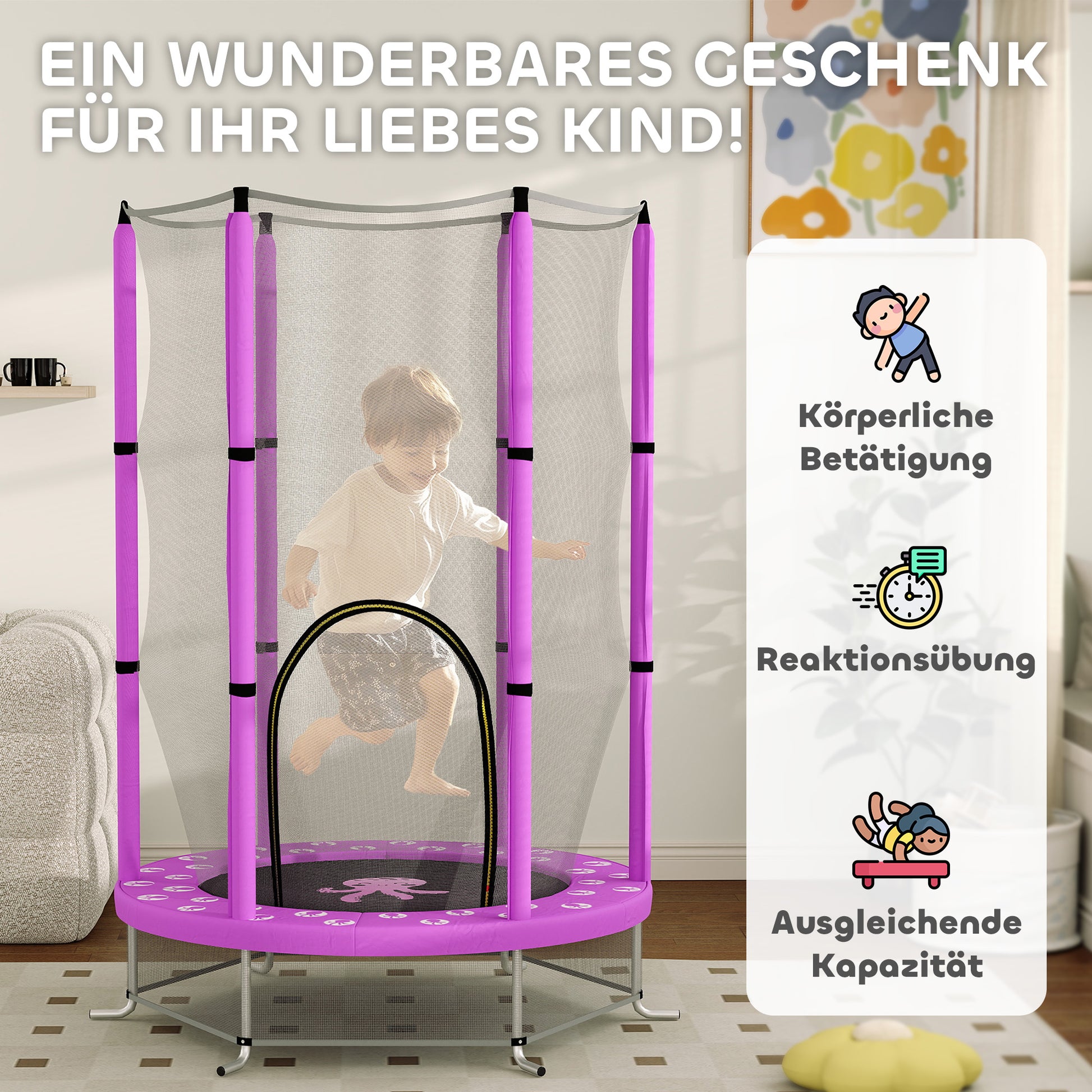 Kids Trampoline Ø140cm Outdoor Trampoline for Kids with Safety Net Zipper Bungee Edge Cover, Garden Trampoline with Cloud Pattern, for Indoor and Outdoor