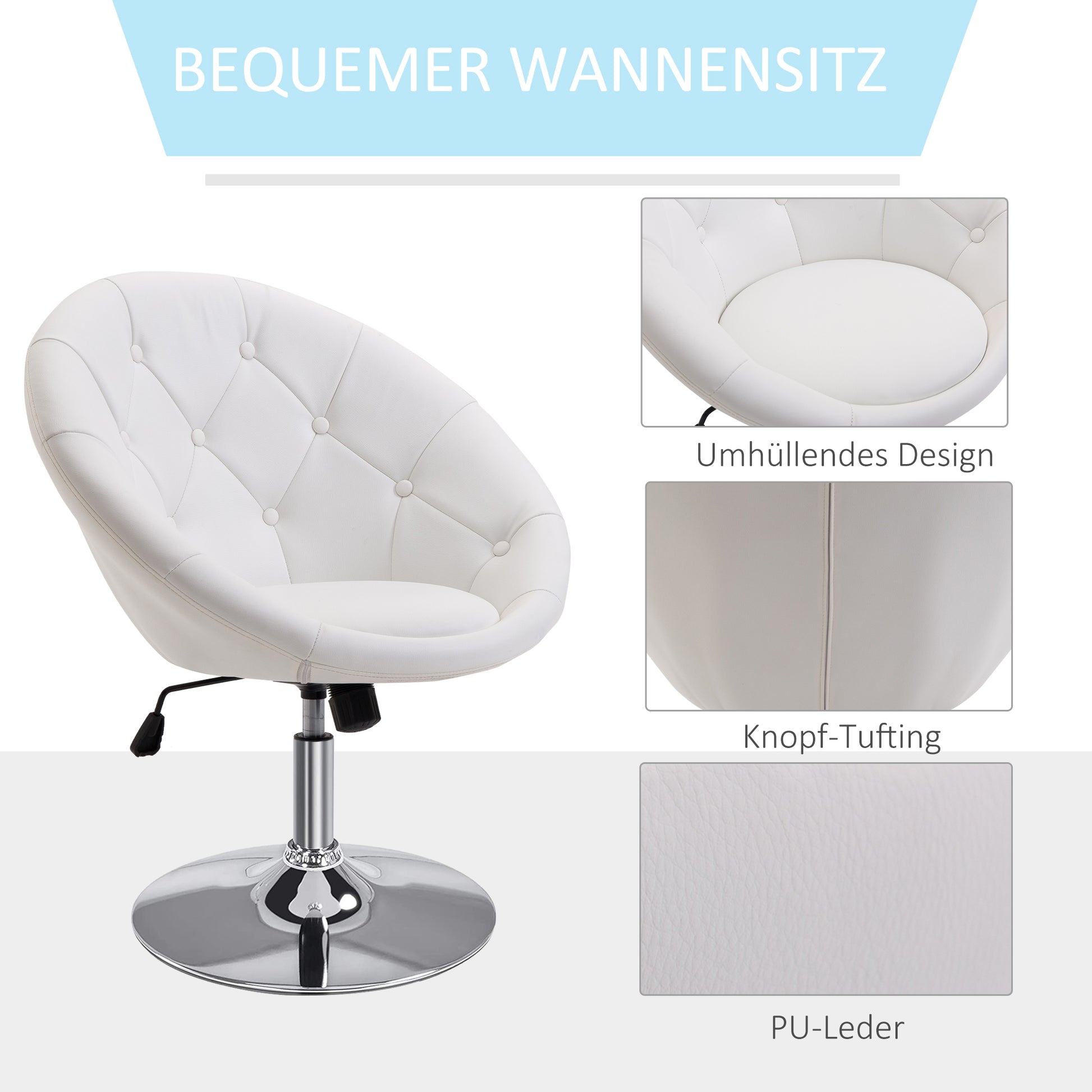 Work Stool Swivel Chair Office Chair chrome-plated adjustable in height, Faux Leather + Steel, Black/White, 71x59x78-90cm (White)