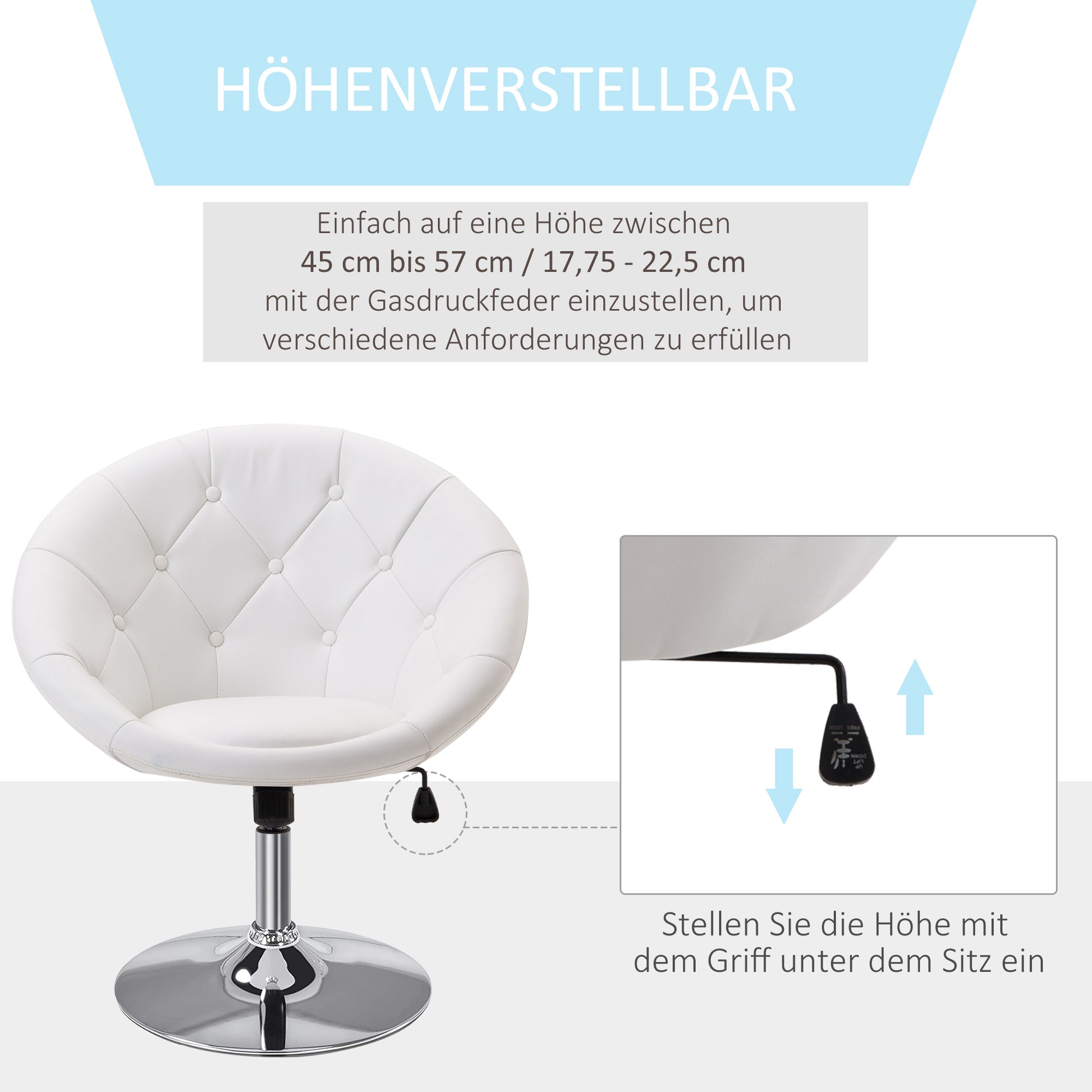 Work Stool Swivel Chair Office Chair chrome-plated adjustable in height, Faux Leather + Steel, Black/White, 71x59x78-90cm (White)