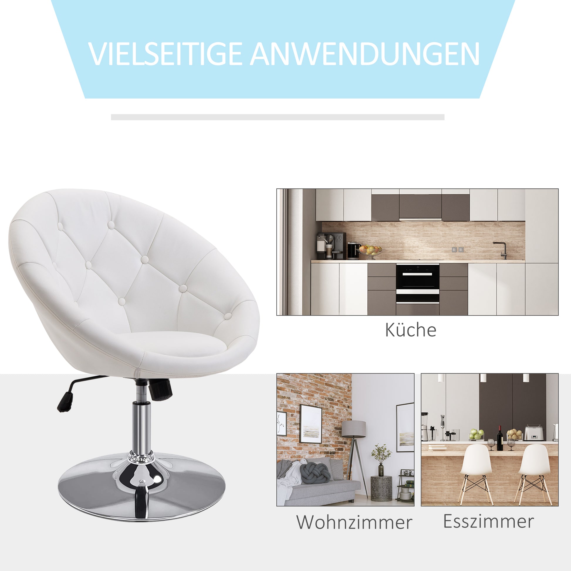 Work Stool Swivel Chair Office Chair chrome-plated adjustable in height, Faux Leather + Steel, Black/White, 71x59x78-90cm (White)