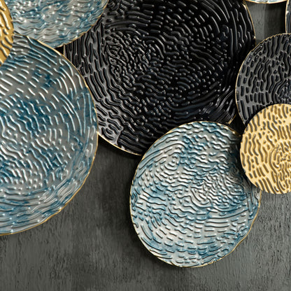 Metal Wall Decoration, 3D Wall Art Circles with Embossed Coating, Vintage, 133x66cm, Blue, Black, and Gold