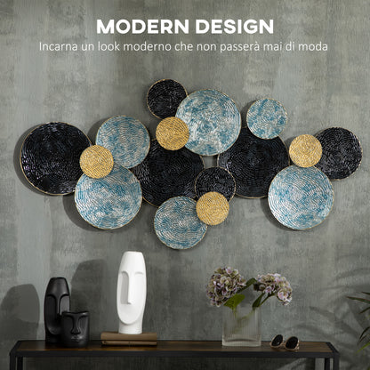 Metal Wall Decoration, 3D Wall Art Circles with Embossed Coating, Vintage, 133x66cm, Blue, Black, and Gold