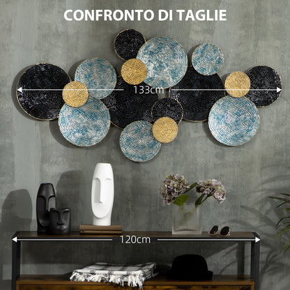 Metal Wall Decoration, 3D Wall Art Circles with Embossed Coating, Vintage, 133x66cm, Blue, Black, and Gold
