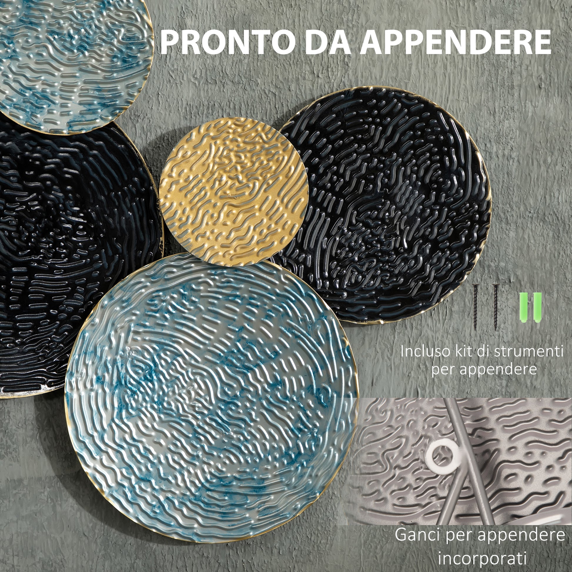 Metal Wall Decoration, 3D Wall Art Circles with Embossed Coating, Vintage, 133x66cm, Blue, Black, and Gold