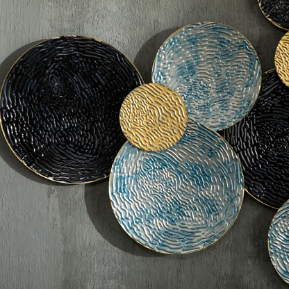 Metal Wall Decoration, 3D Wall Art Circles with Embossed Coating, Vintage, 133x66cm, Blue, Black, and Gold