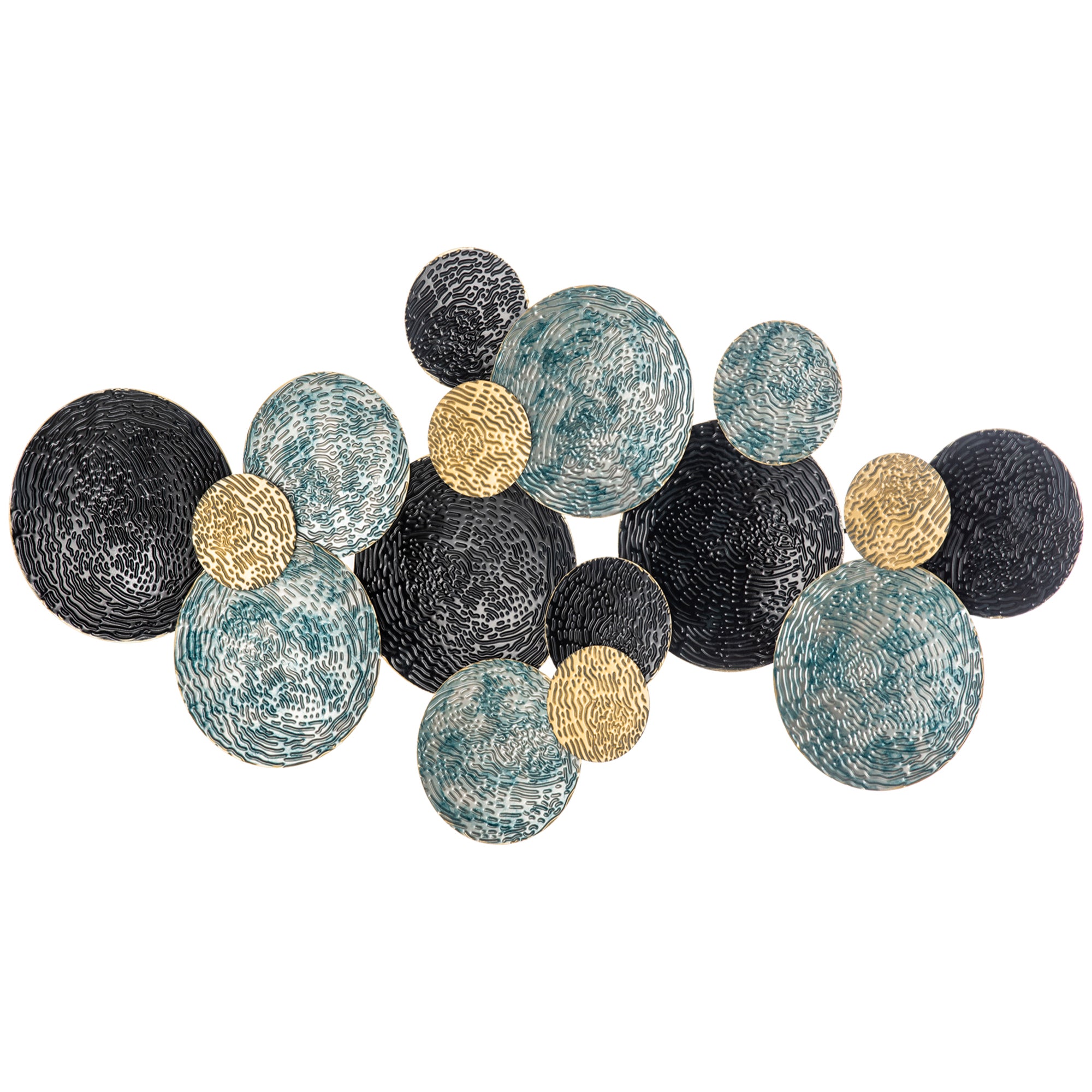Metal Wall Decoration, 3D Wall Art Circles with Embossed Coating, Vintage, 133x66cm, Blue, Black, and Gold