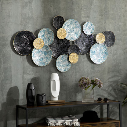 Metal Wall Decoration, 3D Wall Art Circles with Embossed Coating, Vintage, 133x66cm, Blue, Black, and Gold