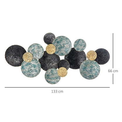 Metal Wall Decoration, 3D Wall Art Circles with Embossed Coating, Vintage, 133x66cm, Blue, Black, and Gold