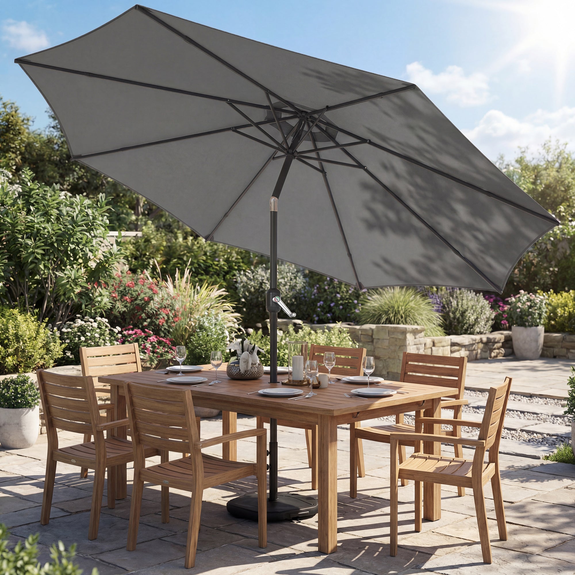 Outdoor Patio Umbrella, 10 ft x 10 ft (3 x 3 m) — Crank, Adjustable Tilt, Retractable Ribs, Metal Base & Sandbag, Dark Gray