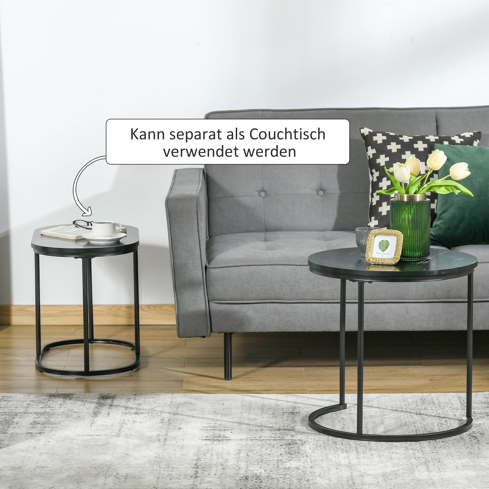 Coffee Table 2-Piece Set Stackable Side Table with Steel Frame, Living Room Table Coffee Table for Living Room Bedroom Black