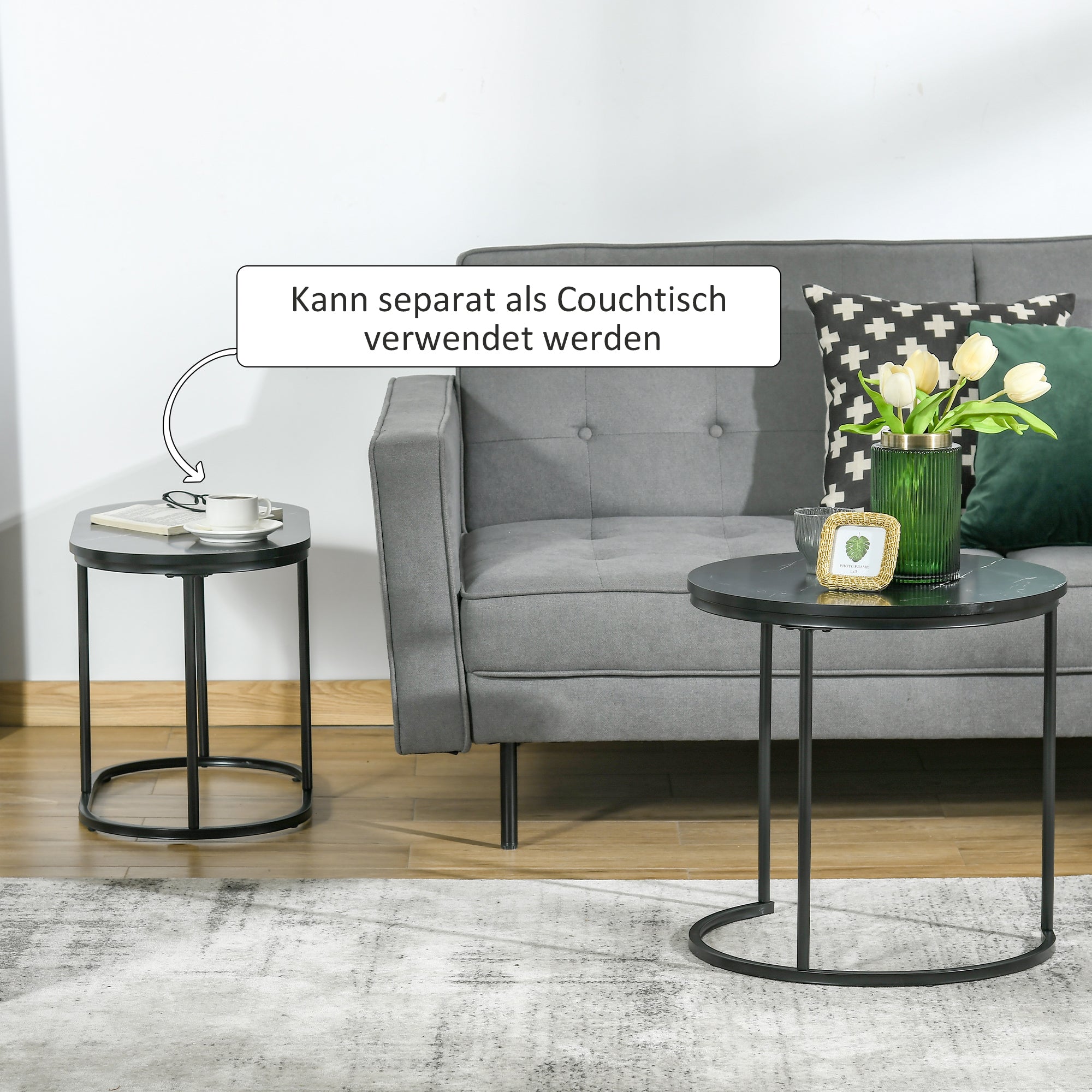 Coffee Table 2-Piece Set Stackable Side Table with Steel Frame, Living Room Table Coffee Table for Living Room Bedroom Black
