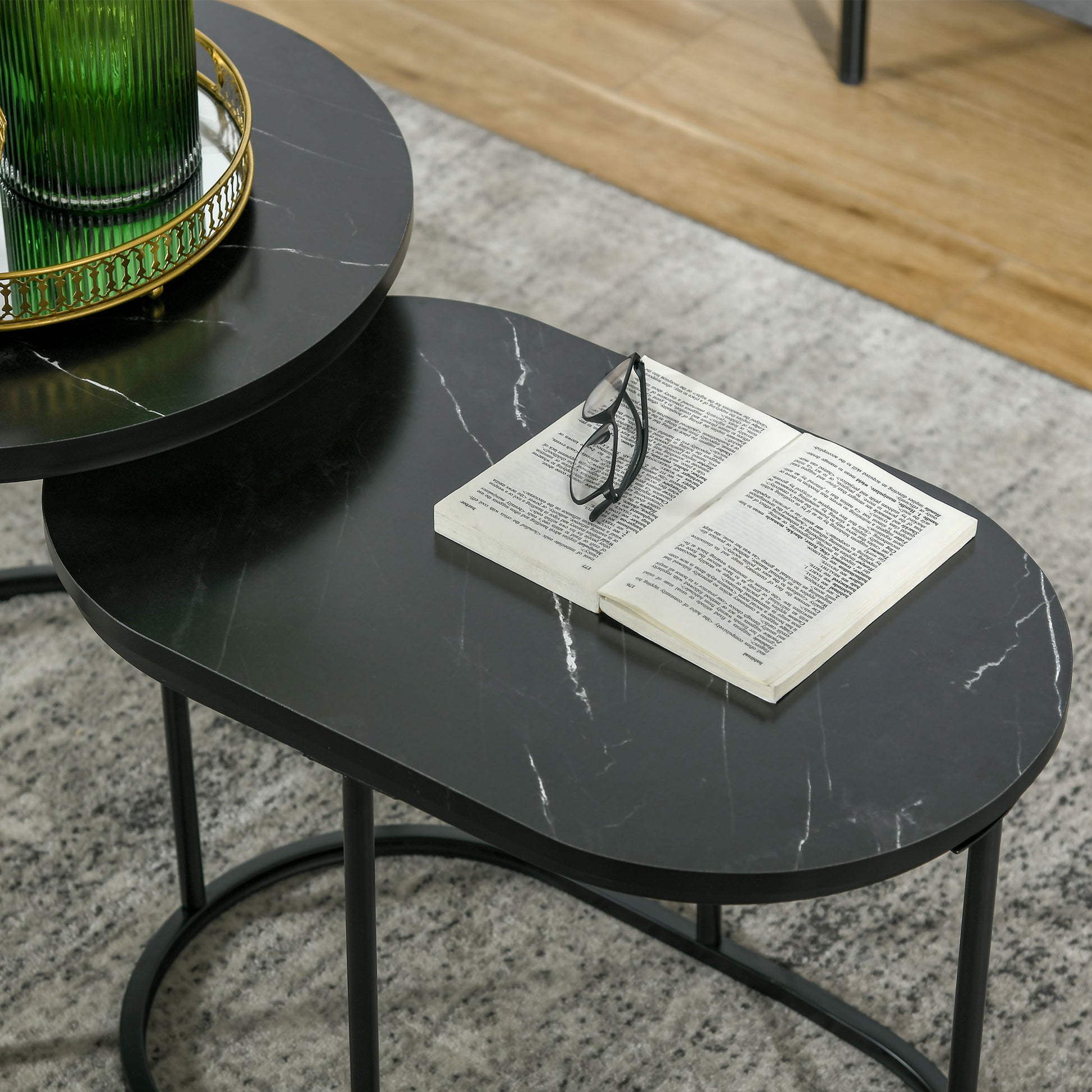 Coffee Table 2-Piece Set Stackable Side Table with Steel Frame, Living Room Table Coffee Table for Living Room Bedroom Black