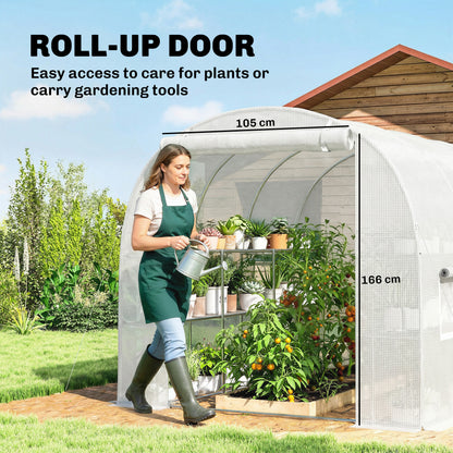 PE Tunnel Greenhouse with Shelves, Roll-Up Zip Door, 6 Mesh Windows, Support Bars, UV-Resistant Cover, Winter-Ready Tomato House, White (198 x 275 x 191 cm)