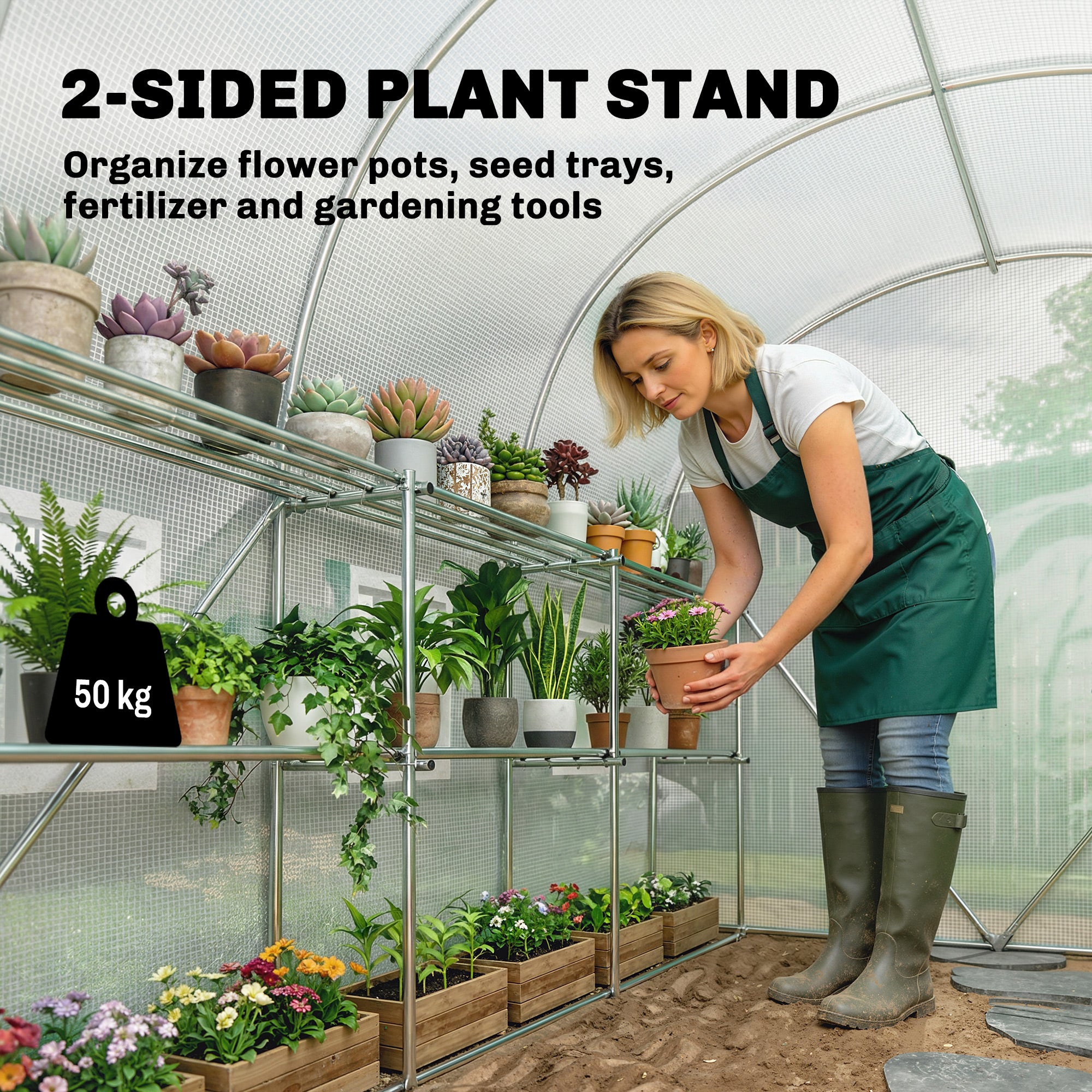 PE Tunnel Greenhouse with Shelves, Roll-Up Zip Door, 6 Mesh Windows, Support Bars, UV-Resistant Cover, Winter-Ready Tomato House, White (198 x 275 x 191 cm)