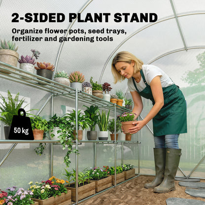 PE Tunnel Greenhouse with Shelves, Roll-Up Zip Door, 6 Mesh Windows, Support Bars, UV-Resistant Cover, Winter-Ready Tomato House, White (198 x 275 x 191 cm)