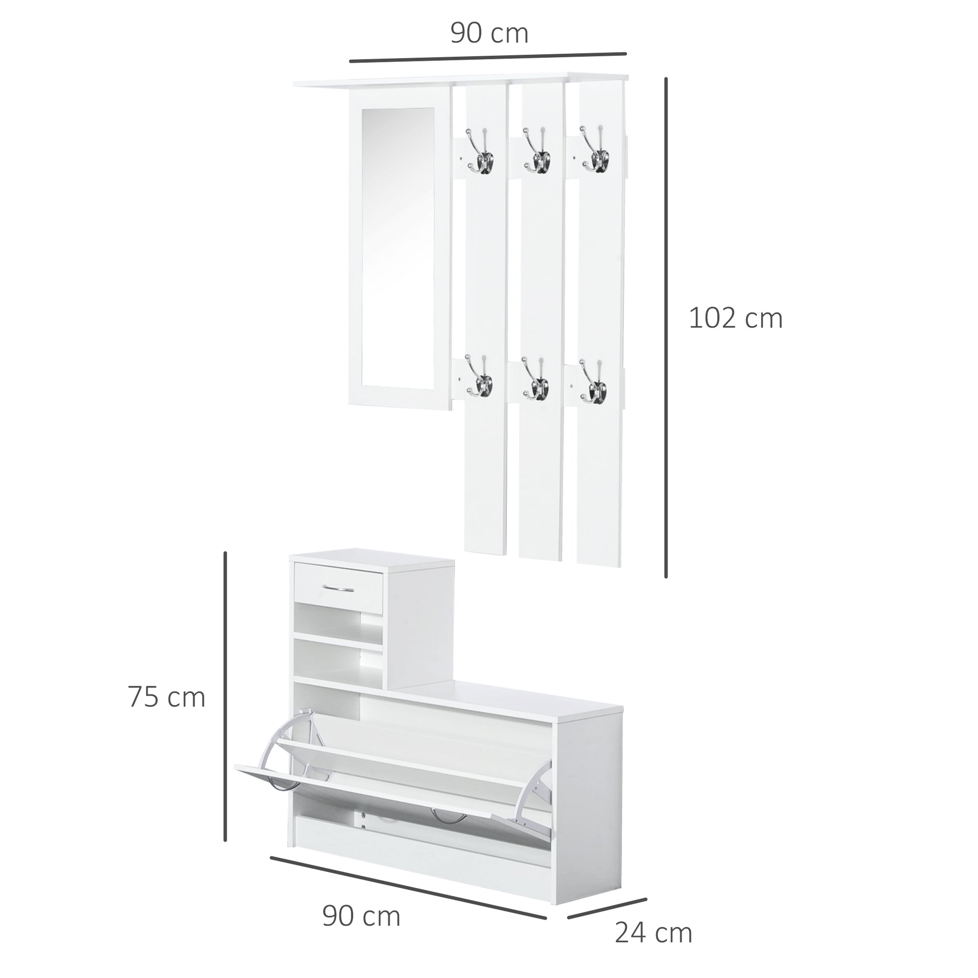 Entryway Hall Tree with Mirror Coat Rack and Shoe Storage 2-Piece Entryway Furniture with 6 Hooks Shelves and Flip-Down Drawer for Hallway White