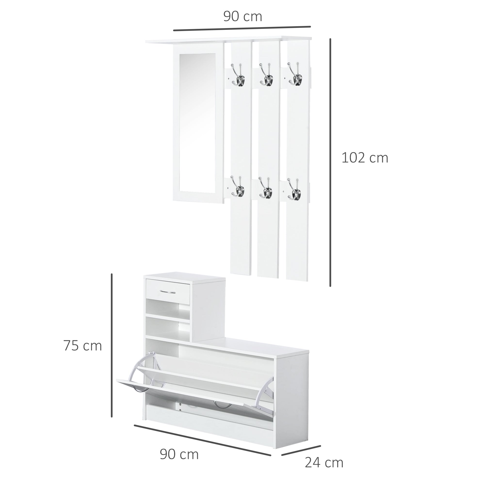 Entryway Hall Tree with Mirror Coat Rack and Shoe Storage 2-Piece Entryway Furniture with 6 Hooks Shelves and Flip-Down Drawer for Hallway White