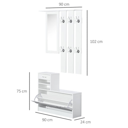 Entryway Hall Tree with Mirror Coat Rack and Shoe Storage 2-Piece Entryway Furniture with 6 Hooks Shelves and Flip-Down Drawer for Hallway White
