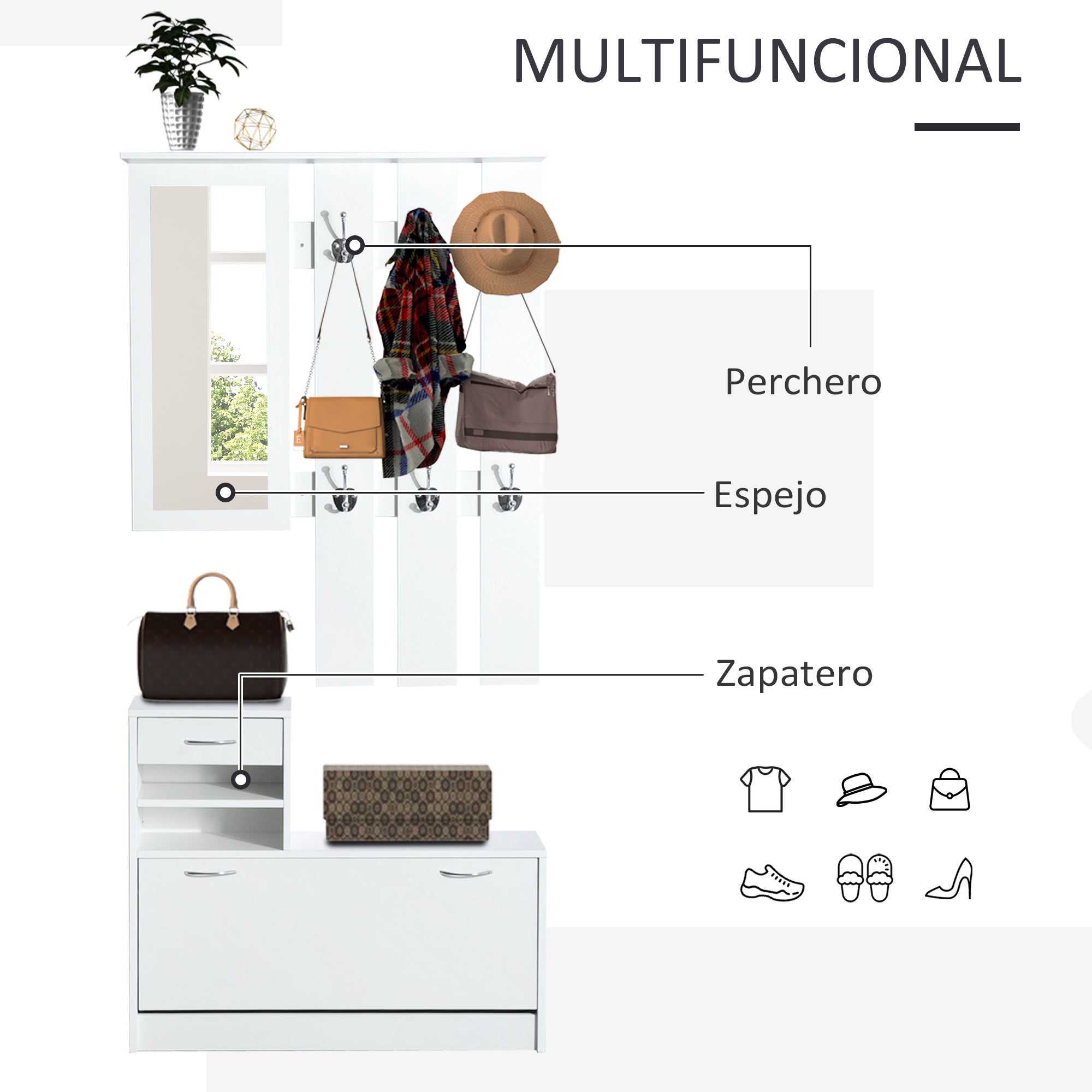 Entryway Hall Tree with Mirror Coat Rack and Shoe Storage 2-Piece Entryway Furniture with 6 Hooks Shelves and Flip-Down Drawer for Hallway White