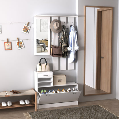 Entryway Hall Tree with Mirror Coat Rack and Shoe Storage 2-Piece Entryway Furniture with 6 Hooks Shelves and Flip-Down Drawer for Hallway White